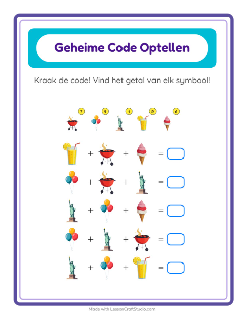 Voorbeeld van het Code-optellen-werkblad met 4 juli voor kleuterklas