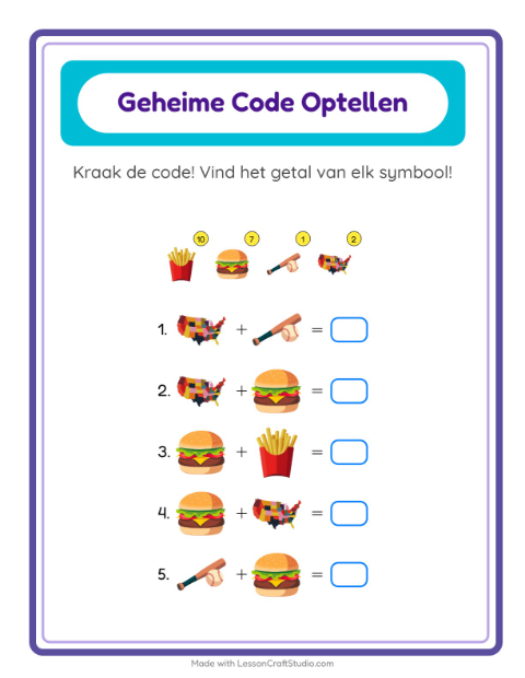 Voorbeeld van het Code-optellen-werkblad met 4 juli voor kleuterklas