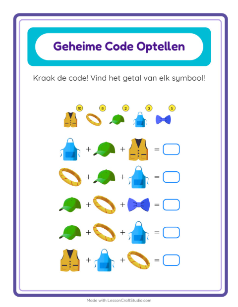 Voorbeeld van het Code-optellen-werkblad met Accessoires voor kleuterklas
