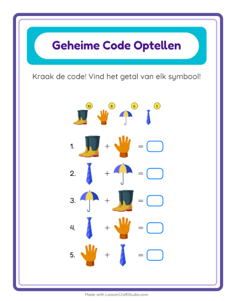 Voorbeeld van het Code-optellen-werkblad met Accessoires voor kleuterklas