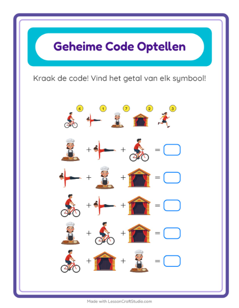 Voorbeeld van het Code-optellen-werkblad met Activiteiten voor kleuterklas