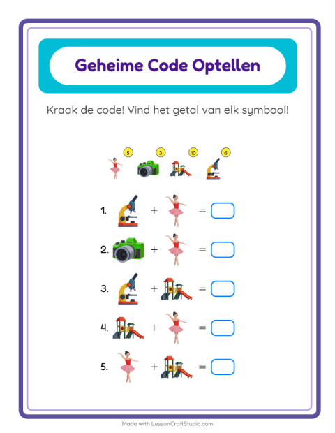 Voorbeeld van het Code-optellen-werkblad met Activiteiten voor kleuterklas