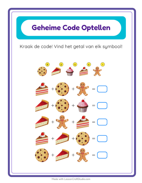 Voorbeeld van het Code-optellen-werkblad met Bakkerij voor kleuterklas