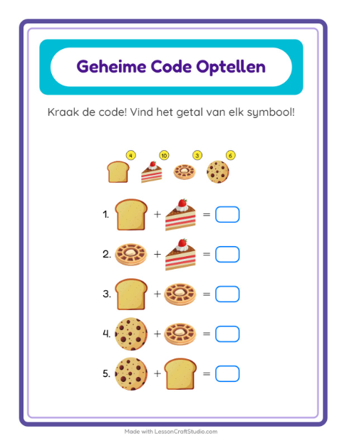 Voorbeeld van het Code-optellen-werkblad met Bakkerij voor kleuterklas