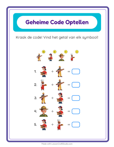 Voorbeeld van het Code-optellen-werkblad met Beroepen voor kleuterklas