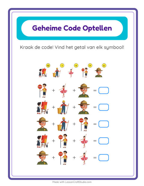 Voorbeeld van het Code-optellen-werkblad met Beroepen voor kleuterklas