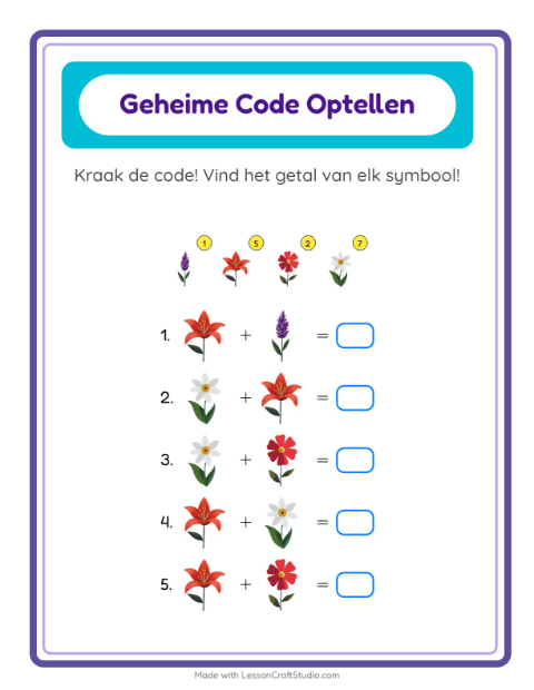 Voorbeeld van het Code-optellen-werkblad met Bloemen voor kleuterklas