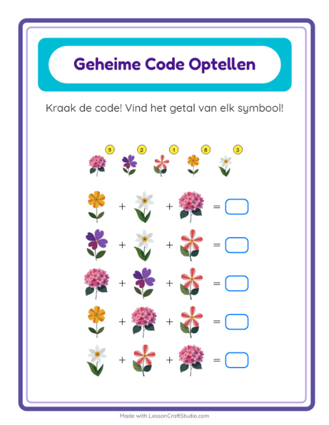 Voorbeeld van het Code-optellen-werkblad met Bloemen voor kleuterklas