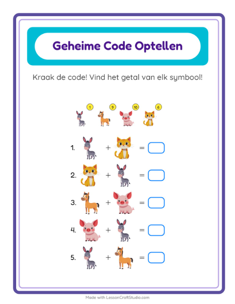 Voorbeeld van het Code-optellen-werkblad met Boerderijdieren voor kleuterklas