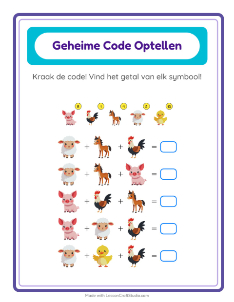 Voorbeeld van het Code-optellen-werkblad met Boerderijdieren voor kleuterklas