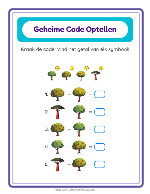 Voorbeeld van het Code-optellen-werkblad met Bomen voor kleuterklas