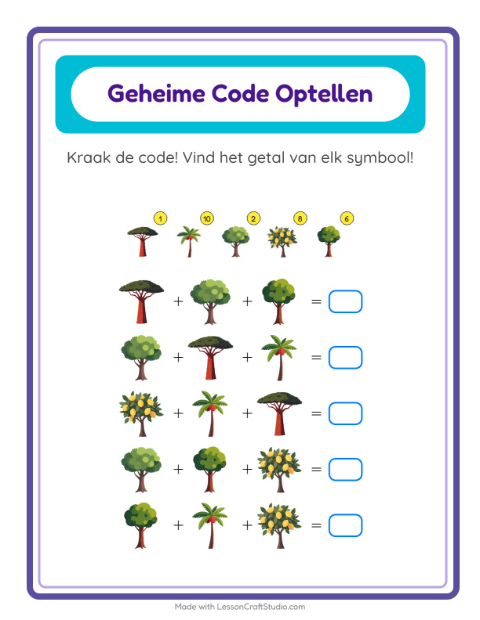 Voorbeeld van het Code-optellen-werkblad met Bomen voor kleuterklas