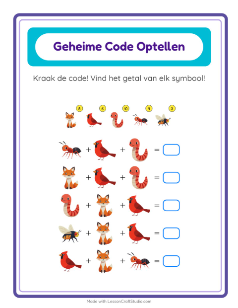 Rekencode kraken tot 100 met dieren – werkblad voor groep 4 — 2