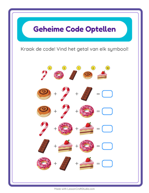 Rekencode kraken tot 20 met toetjes – werkblad voor groep 3 — 2