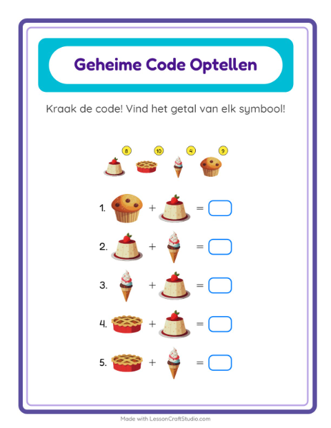 Voorbeeld van Rekencode kraken tot 20 met toetjes – werkblad voor groep 3