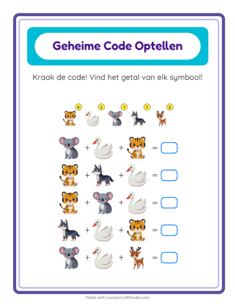 Rekencode kraken tot 20 met dieren – werkblad voor groep 3 — 2