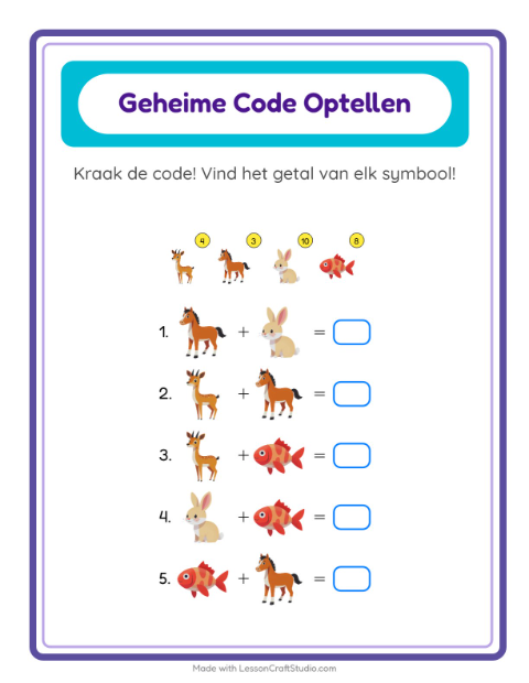 Voorbeeld van het Code-optellen-werkblad met Dieren voor kleuterklas