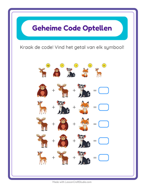 Rekencode kraken tot 100 met dieren – werkblad voor groep 4 — 2