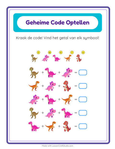 Voorbeeld van het Code-optellen-werkblad met Dinosaurussen voor kleuterklas