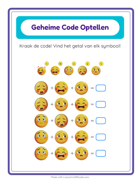 Rekencode kraken tot 20 met emoties – werkblad voor groep 3 — 2