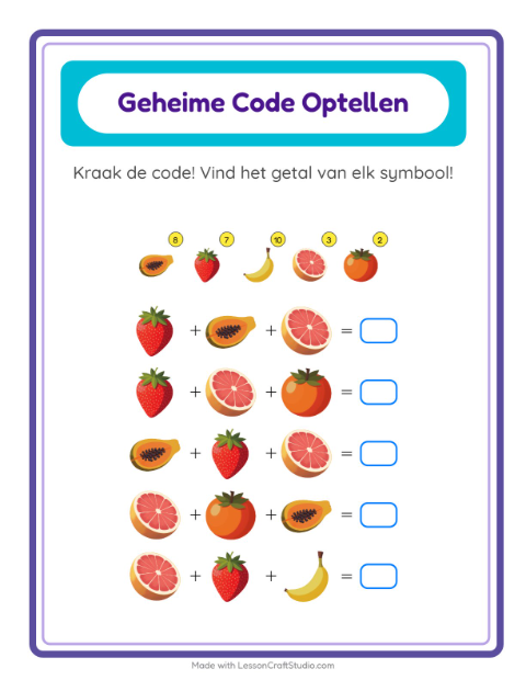 Voorbeeld van het Code-optellen-werkblad met Fruit voor kleuterklas