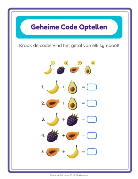 Voorbeeld van het Code-optellen-werkblad met Fruit voor kleuterklas