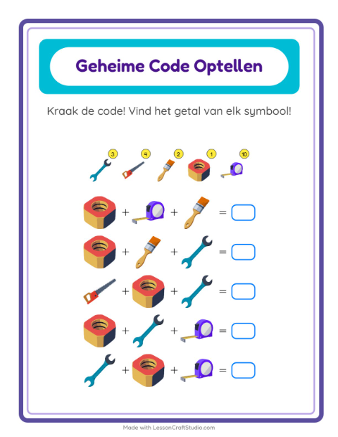 Voorbeeld van het Code-optellen-werkblad met Gereedschap voor kleuterklas