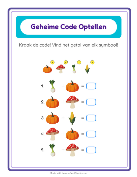 Voorbeeld van het Code-optellen-werkblad met Groenten voor kleuterklas