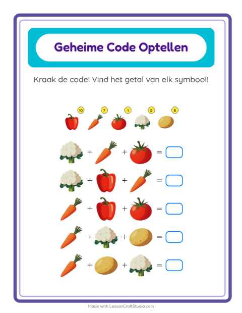 Voorbeeld van het Code-optellen-werkblad met Groenten voor kleuterklas