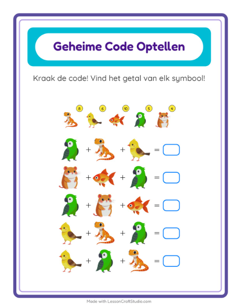 Rekencode kraken tot 20 met dieren – werkblad voor groep 3 — 2