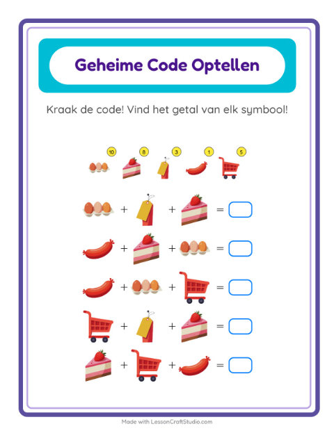 Voorbeeld van het Code-optellen-werkblad met In de supermarkt voor kleuterklas