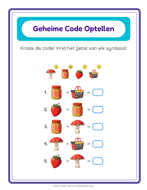 Voorbeeld van het Code-optellen-werkblad met In de supermarkt voor kleuterklas
