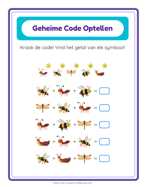 Rekencode kraken tot 20 met insecten – werkblad voor groep 3 — 2