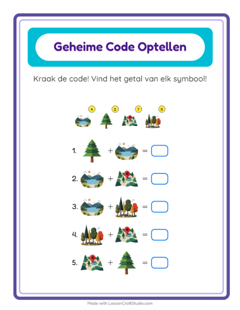 Voorbeeld van het Code-optellen-werkblad met Kamperen voor kleuterklas