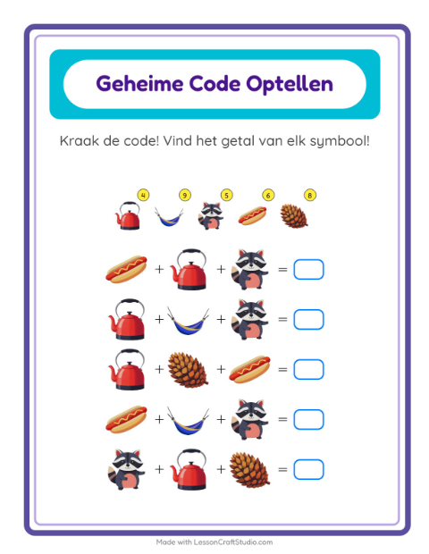 Voorbeeld van het Code-optellen-werkblad met Kamperen voor kleuterklas