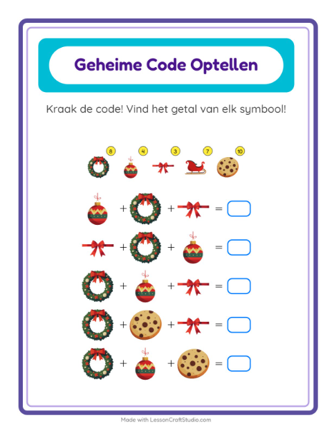 Voorbeeld van het Code-optellen-werkblad met Kerstmis voor kleuterklas