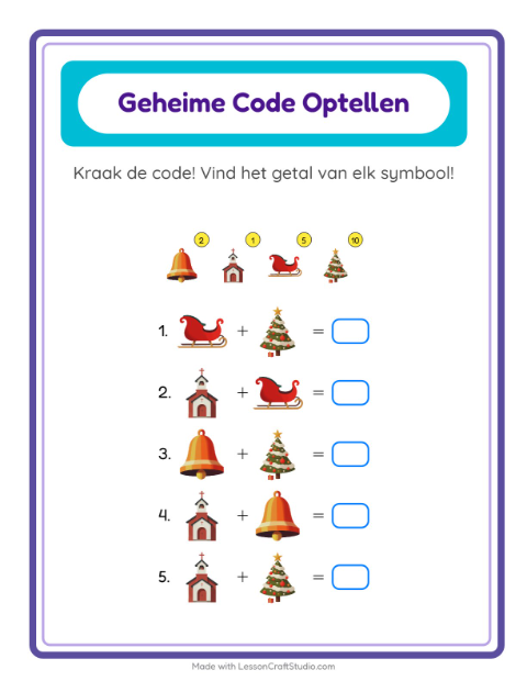 Voorbeeld van het Code-optellen-werkblad met Kerstmis voor kleuterklas