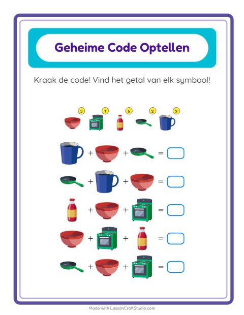 Rekencode kraken tot 20 met keukenspullen – werkblad voor groep 3 — 2