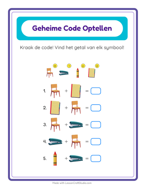 Voorbeeld van het Code-optellen-werkblad met Klaslokaal voor kleuterklas