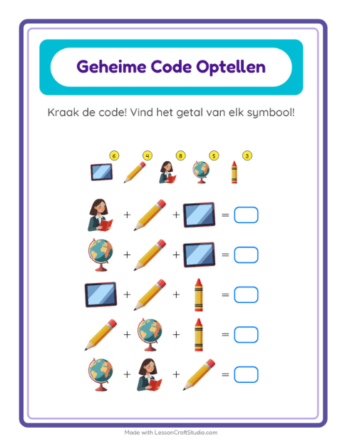 Voorbeeld van het Code-optellen-werkblad met Klaslokaal voor kleuterklas