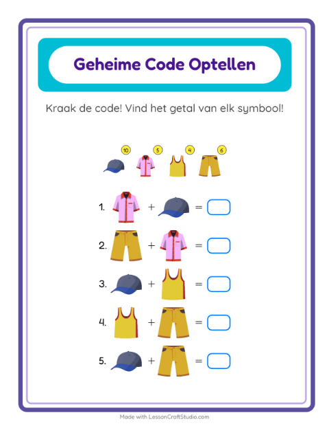 Voorbeeld van het Code-optellen-werkblad met Kleding voor kleuterklas