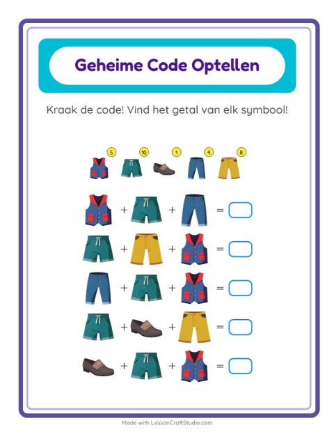 Voorbeeld van het Code-optellen-werkblad met Kleding voor kleuterklas