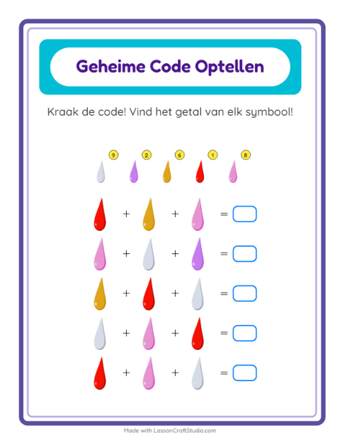 Rekencode kraken tot 20 met kleuren – werkblad voor groep 3 — 2