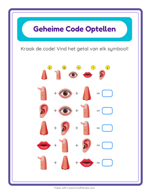 Voorbeeld van het Code-optellen-werkblad met Lichaamsdelen voor kleuterklas