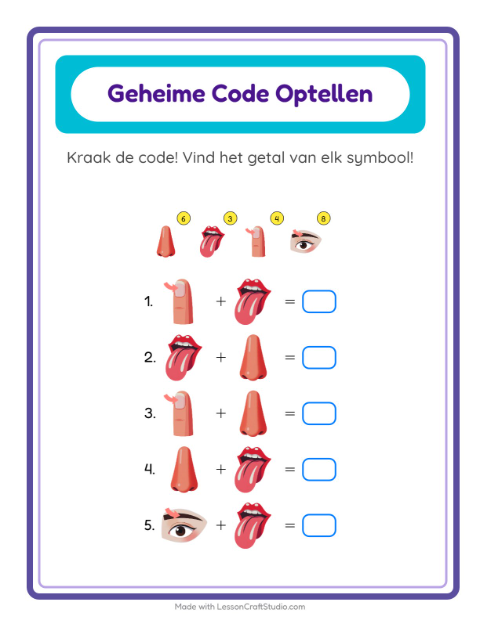 Voorbeeld van het Code-optellen-werkblad met Lichaamsdelen voor kleuterklas