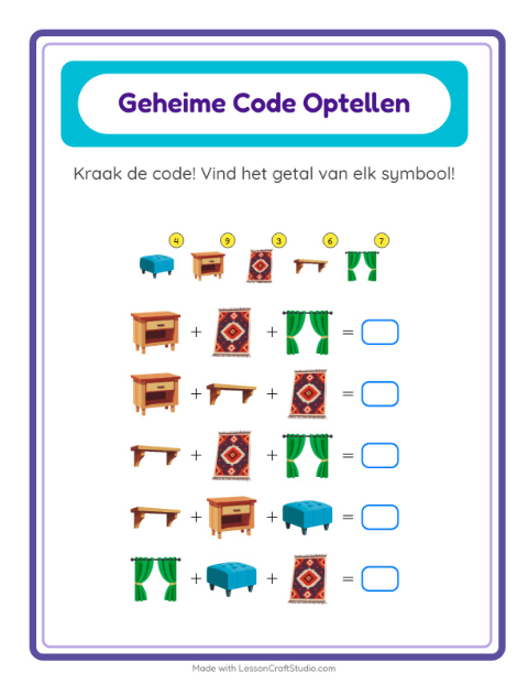 Rekencode kraken tot 20 met meubels – werkblad voor groep 3 — 2