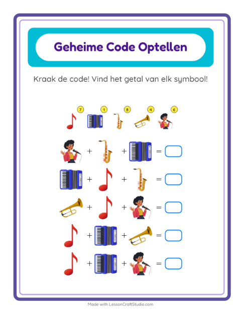 Rekencode kraken tot 20 met instrumenten – werkblad voor groep 3 — 2
