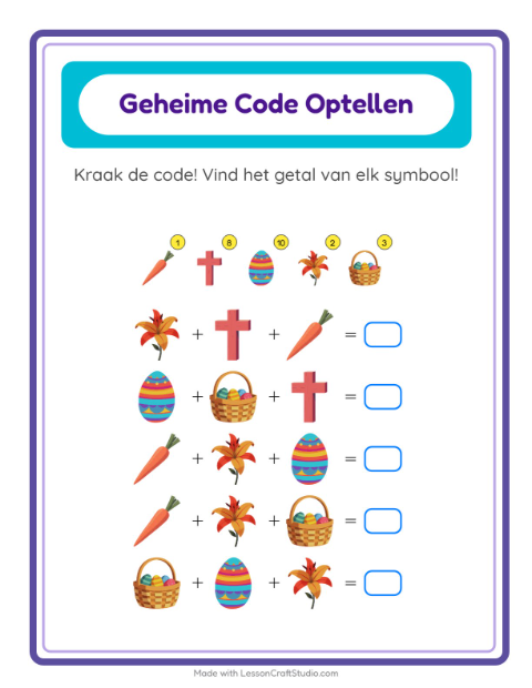 Voorbeeld van het Code-optellen-werkblad met Pasen voor kleuterklas