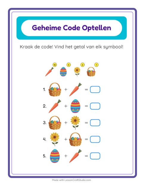 Voorbeeld van het Code-optellen-werkblad met Pasen voor kleuterklas