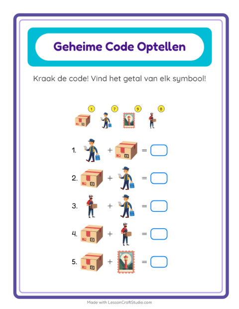 Voorbeeld van het Code-optellen-werkblad met Postkantoor voor kleuterklas